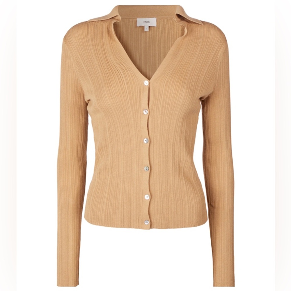 Vince Medium Women's Camel Ribbed Polo Collar Cardigan Sweater New Beige Tan
